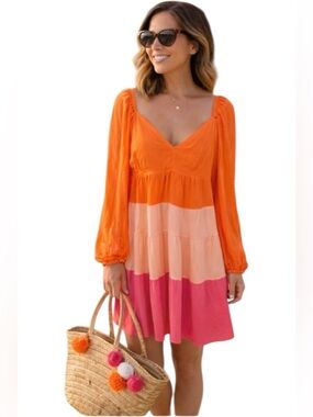 Koko + Mason Viscose Tiered LS Babydoll knee Length Dress Orange Pink Medium